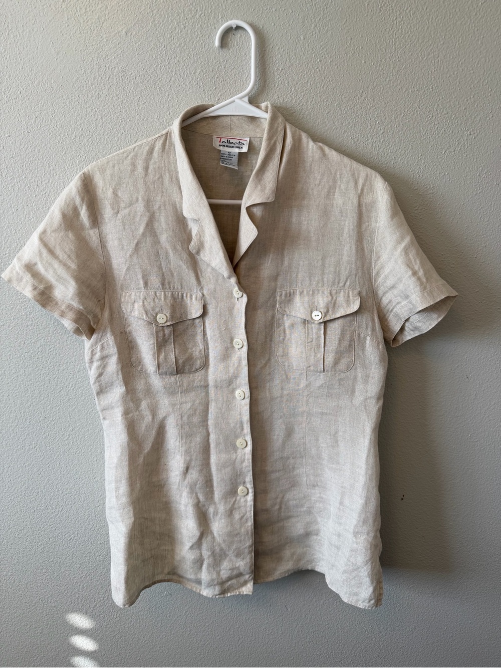 Talbots Vintage 100% Irish Linen Button Up Shirt in Oatmeal Dual Button Pockets